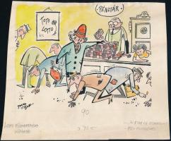 Toncz Tibor (1905-1979): Lottó főnyeremény kifizetés (karikatúra). Akvarell, tus, papír, jelzett, hátoldalán Ludas Matyi szerkesztősége pecséttel. Lap kissé gyűrött és sérült. 14x18 cm