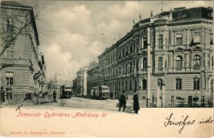 1900 Temesvár, Timisoara; Gyárváros, Andrássy út, villamosok. Bernád E. fényképész / Fabrica, street, trams