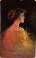 1914 Evening Lights. Lady art postcard. H. & S. Art Print No. 1706. (EK)