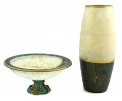 Muranói jelzett (Lean) üveg váza és kínáló. Kézzel festett, jelzett, hibátlan. m: 27 cm, d: 21 cm