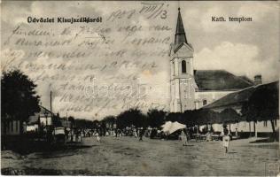 1908 Kisújszállás, Katolikus templom, piac. Szabó Ferenc kiadása (EK)