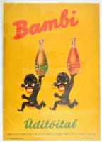 cca 1950 Bambi üdítőital reklámplakát, F.K.: Csukási Gartner Károly, Bp.,Nyitrai Sándor-ny., foltos, gyűrődés nyommal, 41x28,5 cm