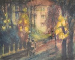 Kemény László (1901-?): Séta ősszel. Akvarell, papír, jelzett és datált (kemény László 953). Üvegezett fa keretben, 26×32,5 cm