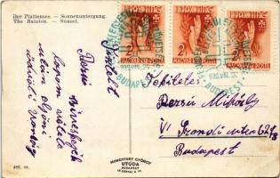 1939 Balaton, alkonyat, vitorlás, horgászok + "1939 Felvidéki Egyesületek Szövetsége Bélyegkiál...