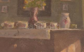 Dobozy Jenő (?-?): Enteriőr. Olaj, vászon, jelzett, kissé sérült. Üvegezett, sérült régi fa keretben...