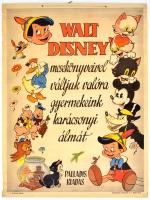 cca 1940 Walt Disney mesekönyveivel váltjuk valóra gyermekeink karácsonyi álmát, színes litografált reklámplakát, Palladis kiadás, f. k.: Steinhofer Károly, Bp., Közlekedési Nyomda Kft., a két végén tartó léccel, a felső léc alatt szakadással, a szélein kis szakadásokkal, gyűrődésnyomokkal, 62x47 cm /  cca 1940 With Walt Disneys storybooks, we make our childrens christmas dreams come true, advertising poster, lithography, damaged, with creases, 62x47 cm