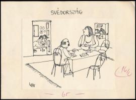 Lehoczki István (1950-2007): Svédország (karikatúra). Tus, papír. Színes ceruza, hártyapapír. Jelzett. Hátoldalán Ludas Matyi szerkesztősége pecséttel. Papírra kasírozva, 11×14 cm