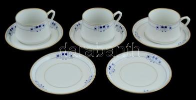 Szecessziós teáskészlet, 3 db csésze, 5 db alátét, kézzel festett, jelzett, apró kopásokkal, m: 6,5 cm, d: 16 cm