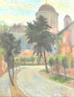 Olaszy Sándor (1902-?): Esztergomi utcarészlet a bazilikával. Olaj, fa, jelzett és datált (Olaszy S 956 Centenárium), fa keretben, 50×40 cm
