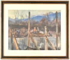 Iván Szilárd (1912-1988): Nagybányai építkezés (új festőiskola alapjai?), 1942. Kréta, akvarell, pap...