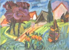 Kunt Ernő (1920-1994): Színes táj, 1993. Olaj, farost. Jelzett. 57x76 cm / Ernő Kunt (1920-1994): Colourful landscape, 1993. Oil on wood fibre, signed. 57x76 cm