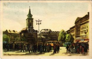 1954 Budapest VIII. Kálvin tér, villamosok. Képzőművészeti Alap KIadóvállalat s: Zádor István (EK)