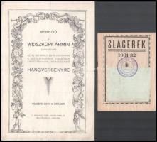 cca 1889-1931 4 db zenetörténeti érdekesség: hanverseny meghívók, programok, 1931 slágerei.
