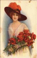 Lady with bouquet, Italian art postcard. Uff. Rev. Stampa Milano No. 4059. s: H. Fisher (fl)