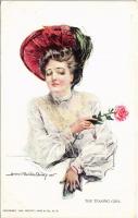 The teasing girl, Lady with rose art postcard, Moffat, Yard& Co. No. 21657 s: Howard Chandler Christy