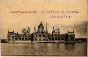 1900 Budapest V. Országház, Parlament, gőzhajó. Újévi köszöntéssel (fl)