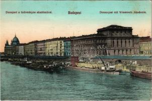 Budapest V. Duna-part, Tudományos Akadémia, Országház, Parlament, rakpart, uszályok (fl)