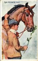 Boy with horse art postcard, B.K.W.I. No. 566-6, artist signed (Rb)
