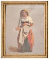 Jelzés nélkül, feltehetően XIX. sz. osztrák festő: Olasz lány. Olaj, karton. Régi, kissé sérült üveg...