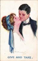 1911 Give and take, romantic couple art postcard, Inter-Art Co. Southampton House Cupids series No. 908. artist signed