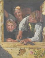 Garro jelzéssel: Gyerekek. Olaj, falemez. Historizáló stílusú fa keretben, 50×40 cm / Signed Garro: Children. Oil on panel. Framed. 50×40 cm