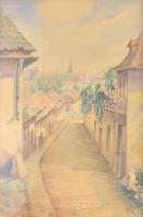 Tibai Takáts János (1876-1943): Tabán, Hadnagy utca, 1927. Akvarell, papír, jelzett. Üvegezett, régi sérült fa keretben. 50x35 cm