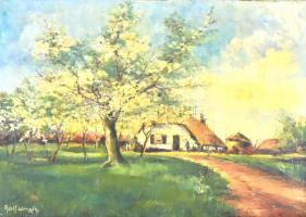 Adolf Wer.. jelzéssel: Tavaszi virágzás. Olaj, vászon, kissé sérült. Díszes, kissé sérült fa keretben. 50x70 cm