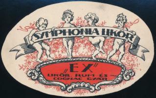 1921 Amberg József (1890-1972?): Symphonia Likőr, Ex Likőr, Rum és Cognac Gyár, címketerv, akvarell-tus, papír, jelzett a hátoldalon, 8x13 cm