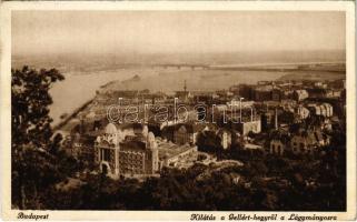 1930 Budapest XI. Kilátás a Gellért-hegyről, Gellért szálloda és gyógyfürdő látképe, Lágymányosi-öböl a még feltöltetlen Lágymányosi-tóval (EK)