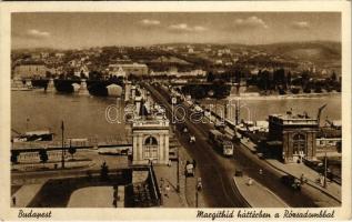 1939 Budapest, Margit híd, háttérben a Rózsadombbal, villamos, automobil + I. PAX TING GÖDÖLLŐ So. Stpl.