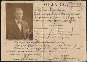 1919 Fényképes igazolvány, szabadkai lakos részére, szerb nyelven, szerb és francia bélyegzésekkel, plusz egy fotóval.