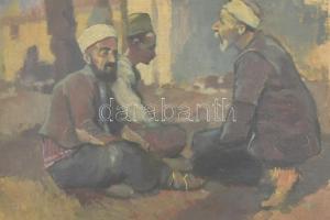 Jelzés nélkül: Arab férfiak. Olaj, karton. Historizáló stílusú fa keretben, 25×35 cm / Unsigned. Arab men. Oil on panel. Framed. 25x35 cm