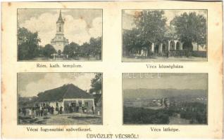 1941 Vécs (Gyöngyös), községháza, Római katolikus templom, fogyasztási szövetkezet üzlete + VÉCS POSTAI ÜGYN. (vágott / cut)