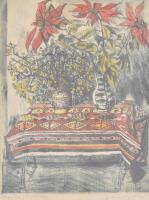 Imre István (1918-1983): Fagyöngy és virág. Színes rézkarc, papír, jelzett, üvegezett, kissé sérült fa keretben, 38x29 cm