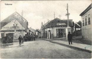 1918 Vukovár, Vukovar; utca, Sam. F. Klein, Viktor Skagel és Frank üzlete, könyvesbolt / street, shops (EB)