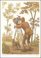 Artner Margit (1954-): Fényképész. Színes rézkarc, papír, jelzett, számozott (6/3), 18×12,5 cm