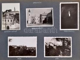 cca 1930-1940 Régi fotóalbum kirándulások képeivel, városképekkel, feliratozva (Veszprém, Almádi, Zirc, Sümeg, stb.), vegyes méretű fotókkal