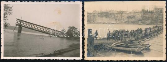 1941 Sajkáslak, A felrobbantott dunai híd egy része, átkelés a Dunán rögtönzött hídon, 2 db hátoldalon feliratozott fotó, 6,5×8,5 cm