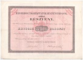 Máramarossziget 1896. Máramarosi Takarékpénztár Részvénytársaság részvénye 200K-ról, szelvényekkel, szárazpecséttel T:III / Hungary / Máramarossziget (Sighetu Marmatiei) share about 200 Korona, with coupons, embossed stamp C:F