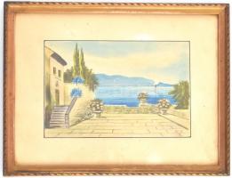 Olvashatatlan jelzéssel: Távolban a vitorlás. Akvarell,  papír. Üvegezett fa keretben. Hátoldalán Ho...