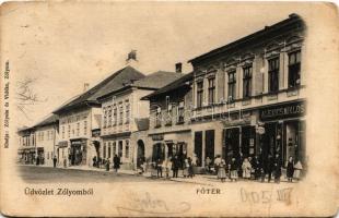 1905 Zólyom, Zvolen; Fő tér, Alexics Miklós, Schvarcz B. üzlete, Zólyom és Vidéke, Takarékpénztár / main square, shops, publisher, savings bank (EK)