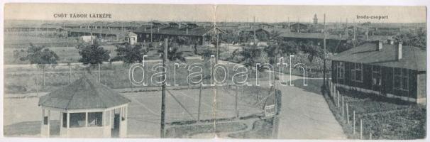 1922 Csót, hadifogolytábor látképe, iroda csoport, teniszpálya. Gramantik és Szász rokkant fényképészek felvétele. "Segítsetek a még Szibériában szenvedő hadifoglyaink hazaszállításán!" kihajtható panorámalap (EB)