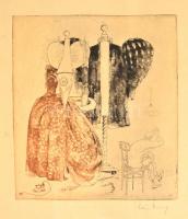 Láng Rudolf (1904-1991): Jelmeztervező. Színes rézkarc, papír, jelzett, 43×30,5 cm