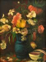 Berta E jelzéssel: Virágok. Olaj, farost, díszes fa keretben, 50×40 cm