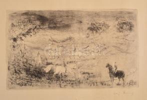 Láng Rudolf (1904-1991): Lovasok. Rézkarc, papír, jelzett, 42,5×60,5 cm