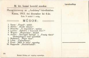 Kassa, Kosice; Andrássy Nagy Kávéház, Fehér utcai rész, belső. Hátoldalon M. kir. kassai honvéd zene...