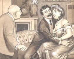 SW jelzéssel: In flagranti. Akvarell, papír, paszpartuban. Díszes fa keretben, 27,5×22cm