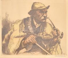 Zádor István (1882-1963): Pipázó juhász. Színes rézkarc, papír, jelzett. Üvegezett fa keretben, 24×28 cm