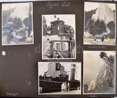 1923-1933 Régi fotóalbum külföldi utazásokról (Rügen, Binz, Genova, Nápoly, Bombay, Elefántsziget, stb.), sok hiányos oldallal, vegyes méretű fotókkal