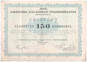 Újszivácz 1909. "Cservenka, Ó-Új-Sziváczi Takarékpénztár Részvénytársaság" részvénye 150K-ról, szelvényekkel, szárazpecséttel T:III / Hungary / Újszivácz (Sivac) 1909. "Cservenka, Ó-Új-Sziváczi Takarékpénztár Részvénytársaság" share about 150 Korona with coupons and embossed stamp C:F